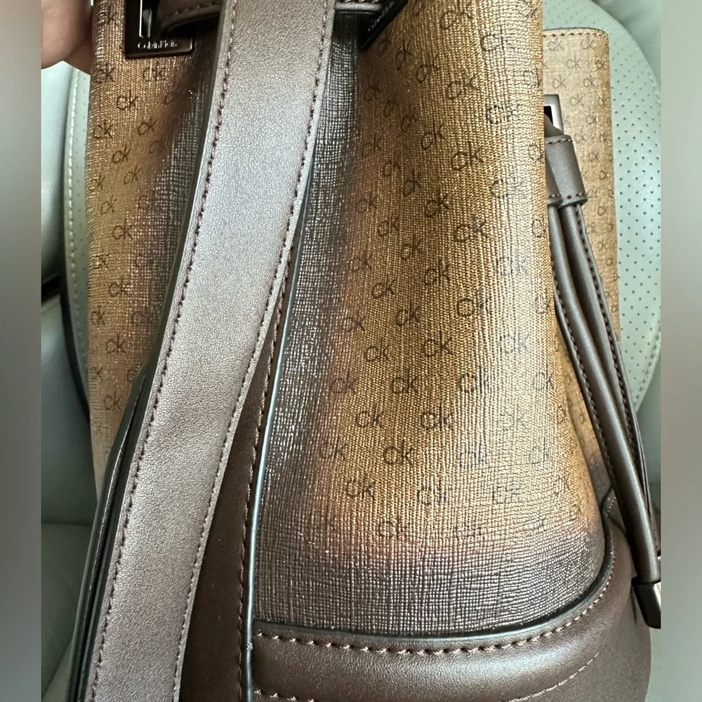 Calvin Klein Coated Canvas w/Leather Bucket CrossbodyBag, Brown/Tan Color - Picture 6 of 13